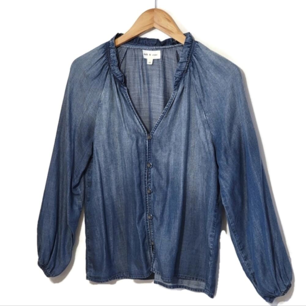Cloth & Stone Chambray Denim Button Down V-Neck Shirt Top Casual Classic XS - Picture 5 of 14